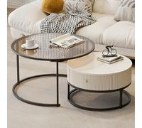 Lot de 2 tables basses gigognes rondes avec grand tiroir, design rétractable, plateau en verre pour petits espaces, mobilier moderne pour salon, solution gain de place