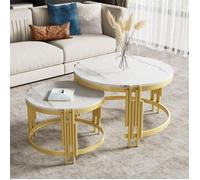 Lot de 2 Tables Basses Gigognes Rondes Effet Marbre Blanc avec Cadre en Métal Doré, Table de Salon Moderne Chic