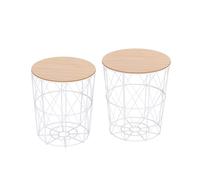 Lot de 2 tables basses gigognes rondes encastrables style néo-rétro bicolore structure métal blanc plateau MDF coloris hêtre