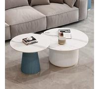 Lot de 2 tables basses gigognes rondes modernes à motif marbré pour salon, chambre à coucher, balcon, cour, combinaison de couleurs bleu et blanc