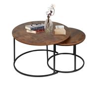 Lot de 2 tables basses gigognes rondes modulables, plateau MDF imitation marbre ou imitation bois, deux tailles au choix pour salon petit espace，Marron et noir：（70*70*45&50*50*38）