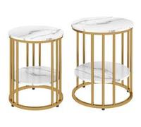 Lot de 2 tables basses gigognes rondes style Art déco - 2 étagères - acier doré effet marbre blanc