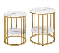 Lot de 2 tables basses gigognes rondes style Art déco - 2 étagères - acier doré effet marbre blanc