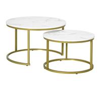 HOMCOM Lot de 2 Tables Basses gigognes Tables Rondes Plateau Blanc Aspect marbre et Pied en Acier doré