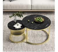 Lot de 2 Tables Basses Gigognes Rondes Style Art déco, Table à Thé Ronde en Marbre, Table Basse Double Couche, Noir
