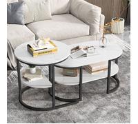 Lot de 2 Tables Basses Gigognes Scandinaves, Table Basse de Salon, Table Basse Ronde, Plateau Imitation Marbre Blanc, Métal Noir
