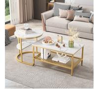 Lot de 2 Tables Basses Gigognes Scandinaves, Table Basse Rectangulaire, able d'Appoint Imprimée Marbre, Marbre Blanc et Métal Doré