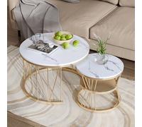 Lot de 2 tables basses gigognes, Table basse moderne ronde pour salon, Table d'Appoint Ronde avec rangement et cadre en métal doré, Table Gigogne Design Marbre pour Canapé, Salon (Or et Blanc)