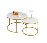 Lot de 2 Tables Basses gigognes,Table Basse Ronde de Salon, empilable, Design Industriel, Pieds en métal, Aspect marbre et Pied en Acier doré,Design Industriel (Blanc+or-60 * 60 * 45&40 * 40 * 38CM)