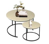 Lot de 2 Tables Basses gigognes,Table Basse Ronde de Salon, empilable, Design Industriel, Pieds en métal, Aspect marbre et Pied en Acier doré,Design Industriel (Bois clair+Noir-60*60*45&40*40*38CM)