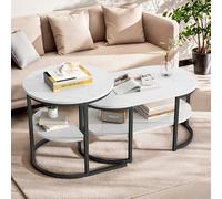 Lot de 2 Tables Basses Gigognes, Table d’appoint Moderne, Table Gigogne avec Cadre en Métal Doré, Aspect Marbre, pour Salon, Chambre (Noir (Ovale + Ronde), 80x46x41 cm + 52x52x51 cm)