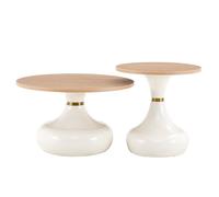 Lot de 2 Tables Basses Gigognes - Table d'Appoint - Plateau Effet Bois - Pied Sablier Métal Blanc et Or - pour Salon Chambre