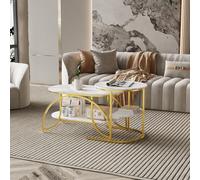 Lot de 2 Tables Basses Gigognes, Table de Salon Ronde, Table Basse Gigogne avec Rangement Ensemble de Table Basse avec Cadre Métallique Durable pour Salon, Chambre, Bureau (Ovale, Blanc + Or-d)
