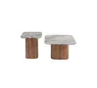 Lot de 2 Tables Basses Plateau Marbre Naturel Piètement Acacia - ANGELE -
