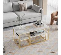 Lot de 2 tables basses rectangulaires avec espace de rangement - Table d'appoint avec cadre en métal - Table basse moderne pour salon, balcon, bureau (doré + blanc)