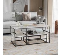 Lot de 2 Tables Basses Rectangulaires Gigognes, Effet Marbre, Structure en Métal Noir, Table Basse Marbre Blanc Table D'appoint Brillante pour Canapé, Salon, Chambre, Balcon et Bureau (Noir-A02)