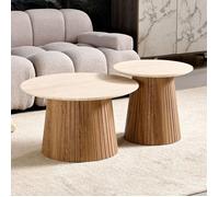 Lot de 2 tables basses rondes 70cm et 50cm en décor chêne et travertin