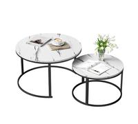 Lot de 2 tables basses rondes - 80 + 60 cm - Table d'appoint moderne avec structure en métal et plateau de table avec motif marbre - Table basse pour salon, balcon - Cadre noir