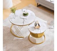 Lot de 2 tables basses rondes avec aspect marbre brillant - Tables Nesting - Cadre doré - Peu encombrantes - Table d'appoint pour salon, table basse avec capacité de charge de 30 kg - Blanc - 70 x 70