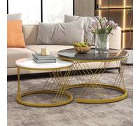 Lot de 2 tables basses rondes avec aspect marbre brillant - Tables Nesting - Cadre doré - Peu encombrantes - Table d'appoint pour salon, table basse avec capacité de charge de 30 kg - Blanc - 70 x 70