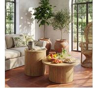 Lot de 2 Tables Basses Rondes - Design Lattes Verticales - Style Japandi Moderne - Plateau Effet Bois - Naturel