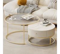 Lot de 2 tables basses rondes empilables avec grand tiroir, design peu encombrant, plateau en verre rétractable, parfait pour les petits espaces et les salons modernes