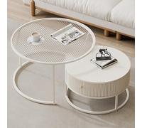 Lot de 2 tables basses rondes empilables avec grand tiroir, design rétractable, plateau en verre pour petits espaces, mobilier de salon moderne, solution gain de place