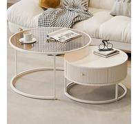 Lot de 2 tables basses rondes empilables avec grand tiroir, plateau en verre peu encombrant pour les petits espaces, mobilier de salon moderne et élégant