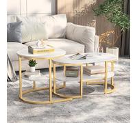 Lot de 2 Tables Basses Rondes et Ovales, Tables Basses avec Espace de Rangement, Table Basses Gigognes Aspect Marbre, Table d’Appoint pour Salon, Cadre en Métal (Blanc+Or)
