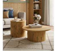 Lot de 2 Tables Basses Rondes Gigognes - Bois Naturel avec Lattes - Bout de Canapé Modulable - Style Scandinave & Japandi