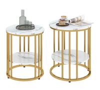 Lot de 2 tables basses rondes - HOMCOM - effet marbre - avec étagère de rangement ouverte, cadre en acier - pour salon chambre - or