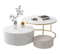 Lot de 2 tables basses rondes modernes avec tabouret en cuir, design gigogne, dessus en bois massif et cadre en métal, 2 tiroirs, table centrale élégante pour salon, blanc (69,8 x 45 cm, 50 x 32,8 cm)