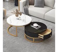 Lot de 2 tables basses rondes modernes avec tiroir de rangement - Texture marbre ardoise - Cadre en métal - Table d'appoint gigogne pour décoration élégante de chambre à coucher et de salon
