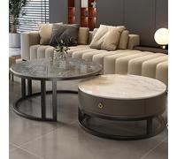 Lot de 2 tables basses rondes modernes pour salon, table d'appoint de rangement, marbre blanc et métal noir pour canapé, décoration élégante de salon/bureau