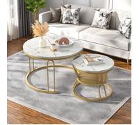 Lot de 2 tables basses rondes modernes, tables basses gigognes avec étagères, meubles de salon modernes, support en U doré