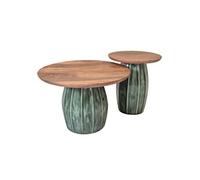 Lot de 2 tables basses rondes plateau en acacia et pied central en acier émaillé vert - JADE -