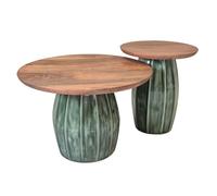 Lot de 2 tables basses rondes plateau en acacia et pied central en acier émaillé vert - JADE -