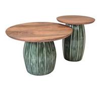 Lot de 2 tables basses rondes plateau en acacia et pied central en acier émaillé vert - JADE - ALTOBUY Marron