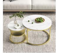 Lot de 2 Tables Basses, Table à Thé Ronde en Marbre, Table Basse Double Couche, Or