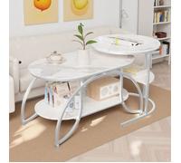 Lot de 2 Tables Basses, Table Basse en marbre, Table de Salon modulable, Table Ronde avec Espace de Rangement, Blanc+Argent