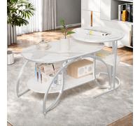 Lot de 2 Tables Basses, Table Basse en marbre, Table de Salon modulable, Table Ronde avec Espace de Rangement, Blanc+Argent