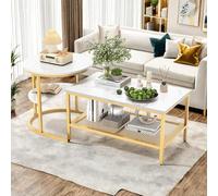 Lot de 2 Tables Basses Tables d'appoint gigognes en Acier et Plateau MDF Aspect marbre Table Ronde et Ovale Or