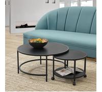 [en.casa] Lot de 2 Tables Basses Rondes Ensemble de Meubles de Salon Gigognes roulettes Espace de Rangement Panneau de Particules Mélaminé Acier Laqué Noir Mat