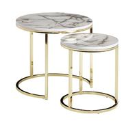 Lot de 2 tables d'appoint design - Blanc - Aspect marbre - Rondes - 2 pièces - Cadre de table en métal doré - Petites tables de salon - Tables gigognes modernes