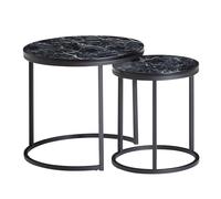 Lot de 2 tables d'appoint design - Noir - Aspect marbre - Rondes - 2 pièces - Cadre de table en métal - Petites tables de salon - Tables gigognes modernes