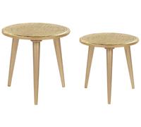 Beliani Lot de 2 Tables d'Appoint Dorées en Bois de Manguier Motif de Plantes Rond Narra