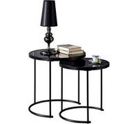 Lot de 2 tables d'appoint gigognes LEYRE, plateau rond en verre noir et cadre en métal noir