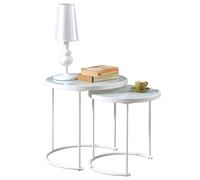 IDIMEX Lot de 2 Tables d'appoint LEYRE Tables Basses de Salon gigognes, Tables à café, Bouts de canapé Design Industriel, Plateau Rond en Verre trempé Blanc Cadre en métal Blanc