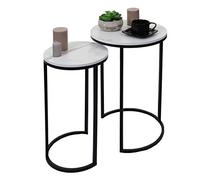 Mendler Lot de 2 tables d'appoint HWC-K46 – MDF, aspect marbré, MVG-certifié – Blanc-Noir