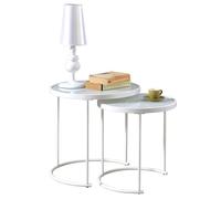 IDIMEX Lot de 2 Tables d'appoint LEYRE Tables Basses de Salon gigognes, Tables à café, Bouts de canapé Design Industriel, Plateau Rond en Verre trempé Blanc Cadre en métal Blanc